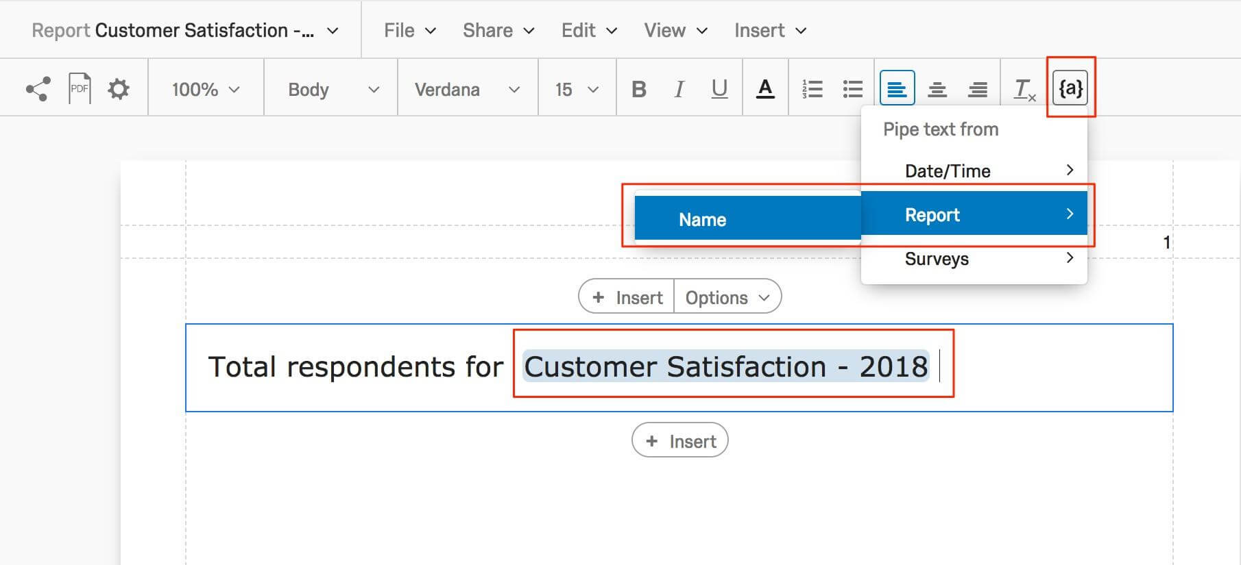 Reporting piped text