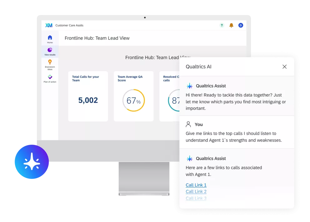 Qualtrics Assist results dashboard with Qualtrics AI chat